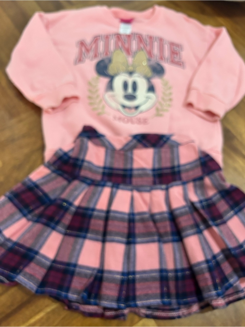 Minnie Mouse Pink Graphic Sweatshirt and Plaid Skirt Set